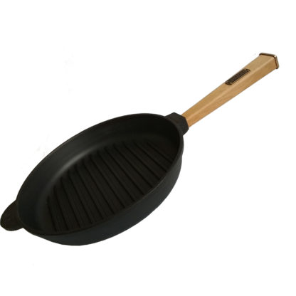 Фотография чугунной сковороды-гриль с деревянной ручкой 260 мм
