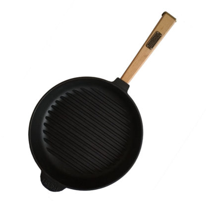 Изображение чугунной сковороды-гриль с деревянной ручкой диаметром 260 мм